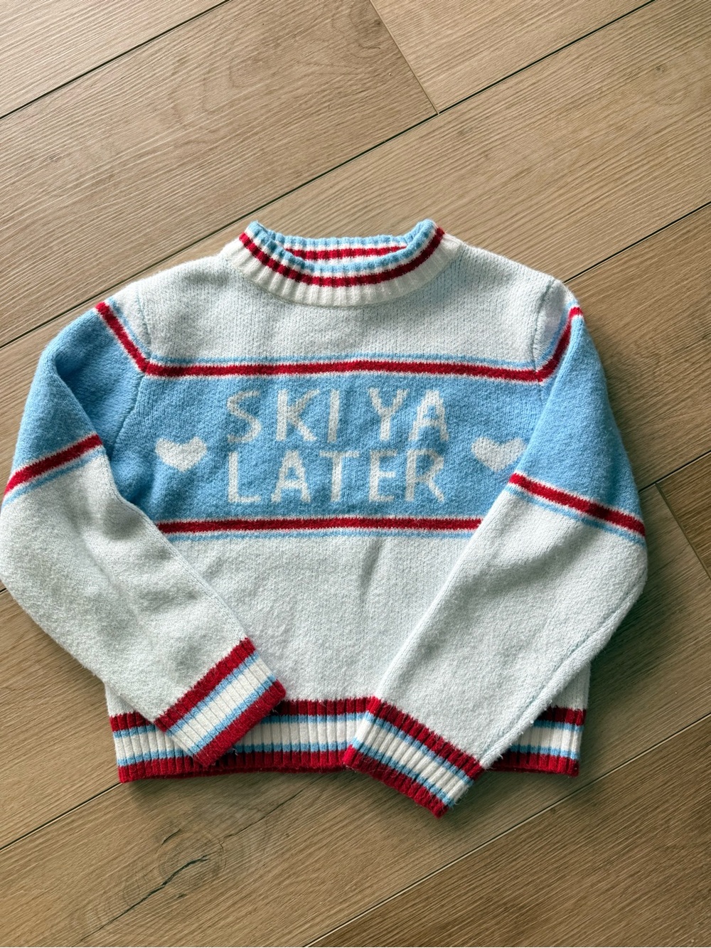 Old Navy Cozy SKI YA LATER Striped Crewneck Sweater - Light Blue, White & Red